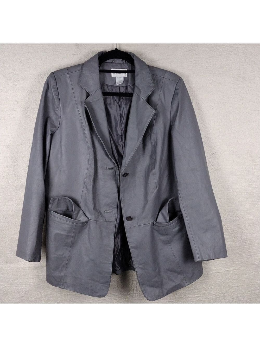 Chadwick's Grey Leather One Notched Collar Long Sleeve Button Front Blazer Coat - Picture 3 of 9